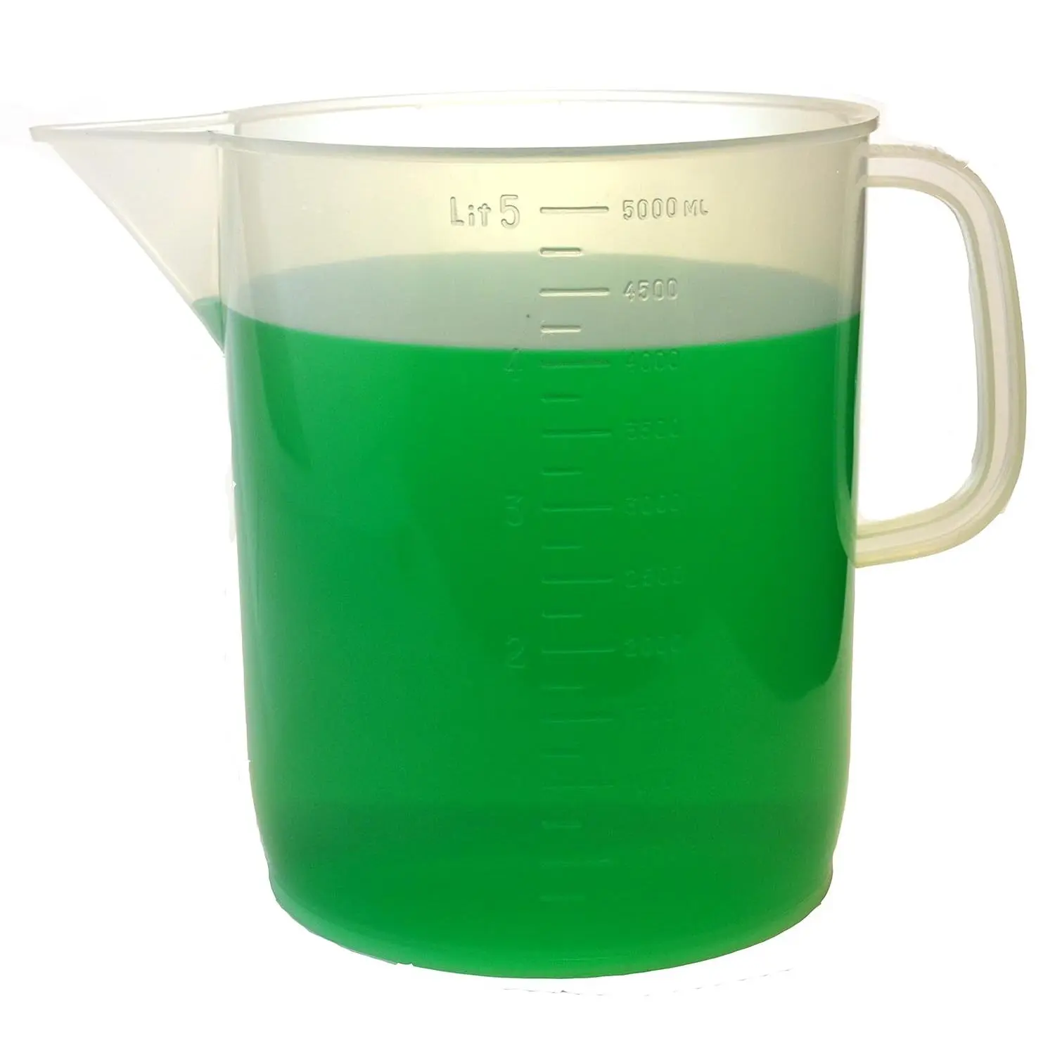 Measuring Jug, 5000mL (5 Liter) - Short Form - Polypropylene Plastic - Molded Graduations -  Resistant, Autoclavable - Handle for Convenient Lifting - Pitcher, Large Measuring Cup