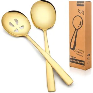 Extra Large Serving Spoons Set 11.7-Inch Gold Serving Slotted Spoon and Serving Spoon 18/8 Stainless Steel Big Serving Utensil for Buffet, Parties, Catering - Dishwasher Safe(2-Pack, Gold)