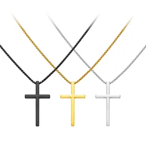 Cross Necklace for Men,Silver Black Gold Stainless Steel Plain Cross Pendant Necklace for Men Box Chain Fashionable Jewelry Accessories