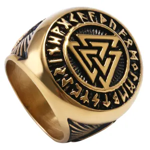 OIDEA Men's 0.78x0.78 Inch Stainless Steel Viking Triangle Ring - Gold Tone, Vintage Celtic Norse Valknut Rune, Punk Biker Pinky Band, Medieval Block Shape, Heavy-Duty Anti-Rust Metal Birthday Gift, 0.78 X 0.78 Inch