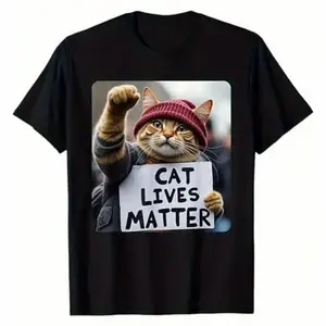 Summer t Shirts Funny Cat Graphic Cotton T-Shirt for Men - Breathable, Stretchy Crew Neck Tee with Geometric Design, Perfect for All Seasons
