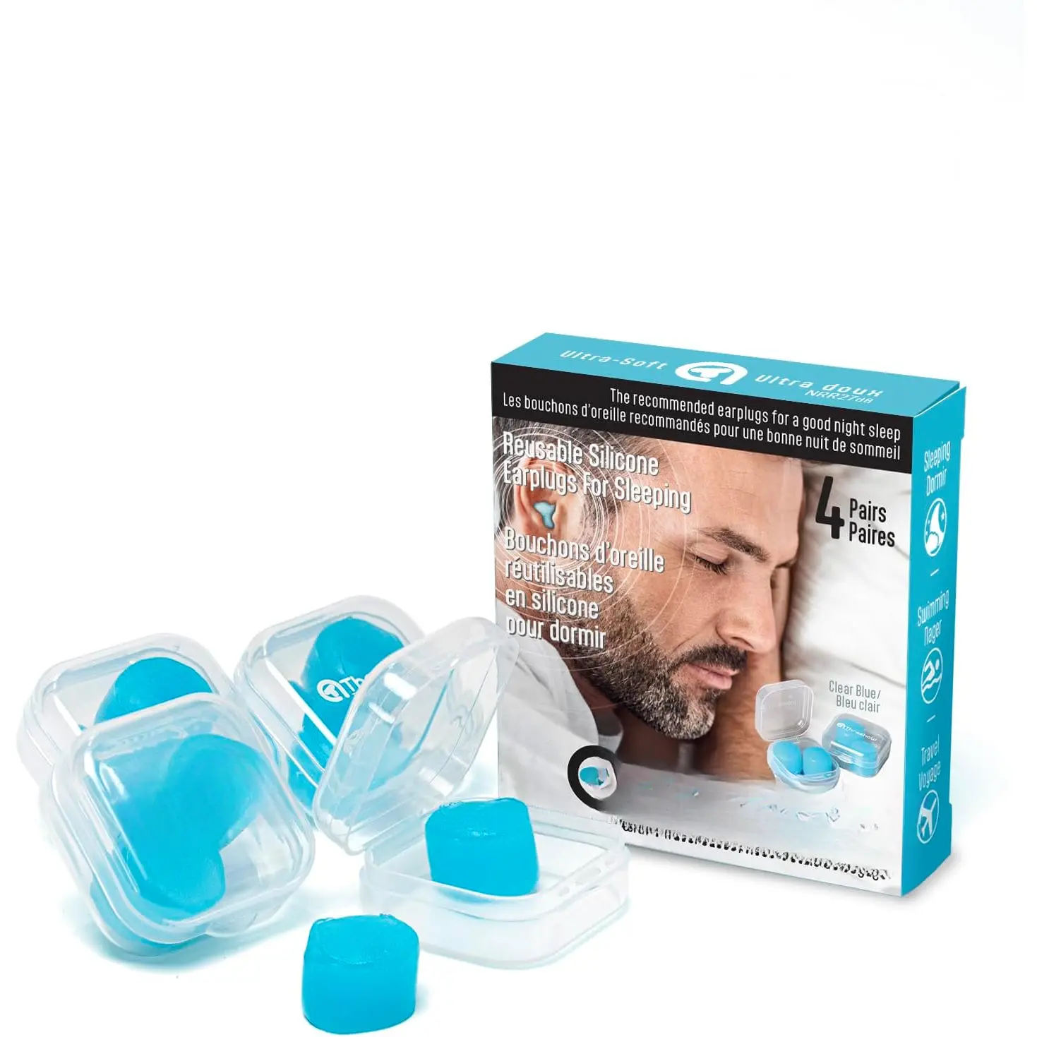 Soft Silicone Earplugs for Sleeping, Swimming, Travel, Working, , Moldable, Reusable, Waterproof, Noise Reduction, 4 Pairs, with 4 Travel Cases 1 Pack (Light Blue)