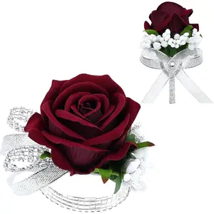 2Pcs Burgundy Rose Corsage and Boutonniere Set, Artificial Wrist Corsage Wristlet Bracelets, Men Boutonniere for Wedding Party Formal Dinner Flowers Accessories Prom Decorations,summervibes