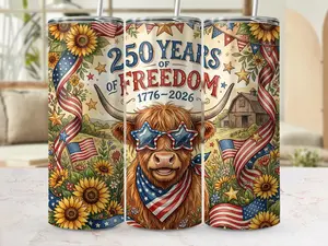 [5 samples] Highland Cow 250 Years Freedom Tumbler, USA 1776-2026 Patriotic Anniversary, Stars Stripes, Sunflowers 20oz Tumbler