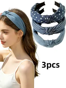 3-Piece Women's Denim Knot Headband Set, Bohemian Style Wide Fabric Hair Band, Polka Dot and Striped Patterns, Non-Slip, Comfortable Daily Wear