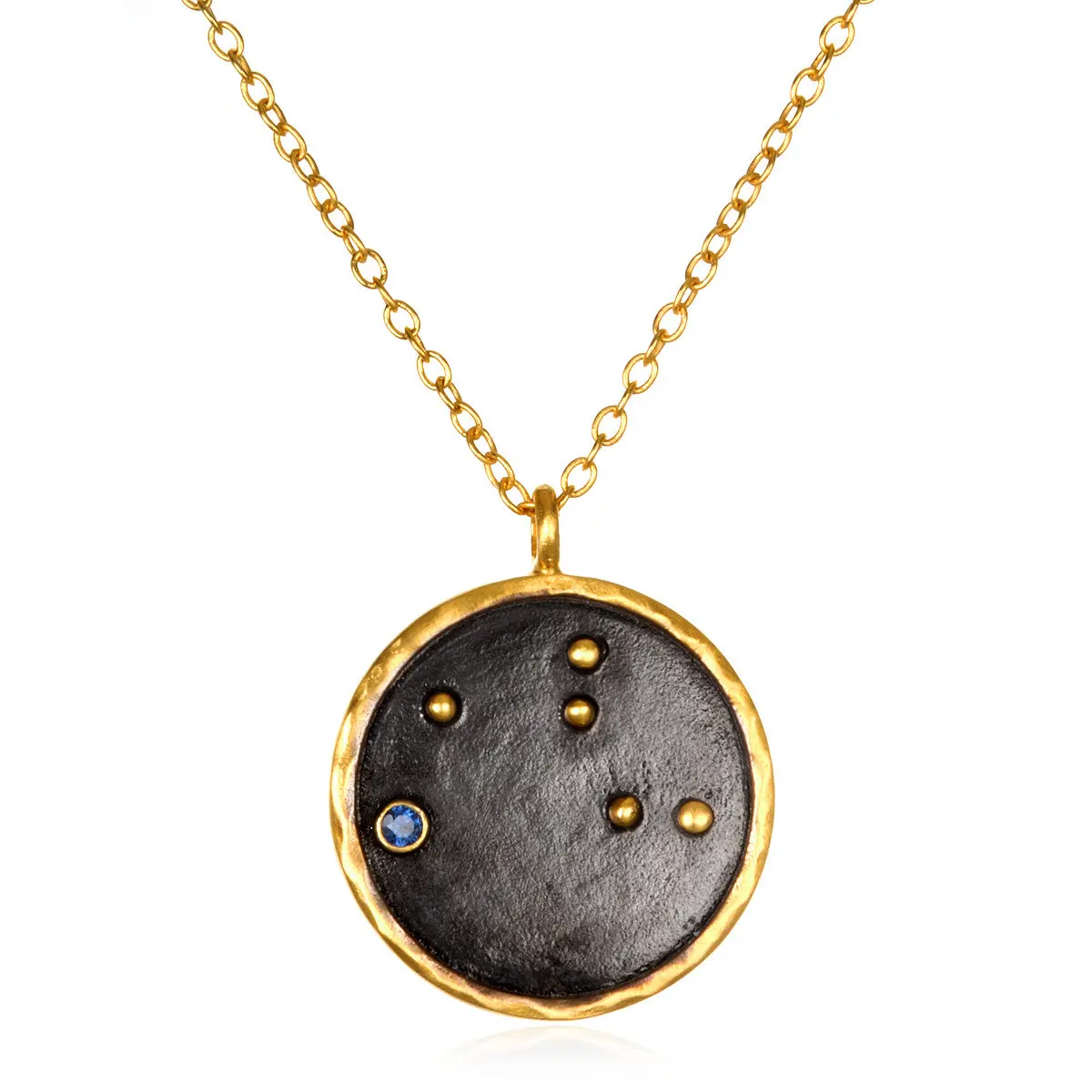 Women's Virgo Zodiac Pendant Necklace, 18kt Gold Plated & Gunmetal Finish with a Sapphire Birthstone Accent on 18" Chain, Gold Pendant, Zodiac Necklaces, Spiritual Awakening