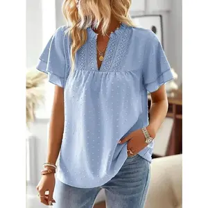 Women’s Swiss crochet lace top, short flowing sleeves, casual top GARMENTARY