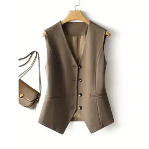 Solid Color Single Breasted Vest, Elegant Sleeveless V Neck Outwear for Spring & Fall, Women's Clothing