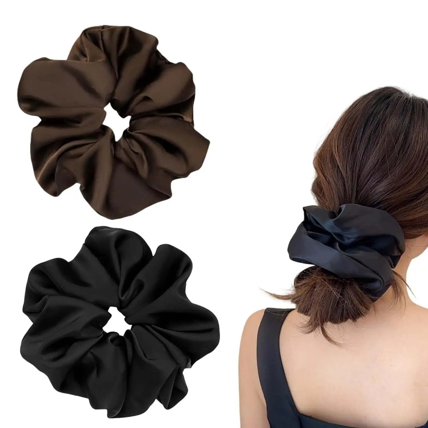 2 Pieces Jumbo Satin Silk Scrunchies for Women 7.5 Inches Large Oversize Scrunchies For Thick Hair Ties Hair Ornament (Black and Brown)
