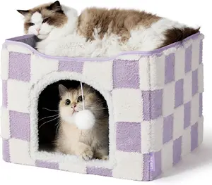 Lesure Indoor Cat Beds Kitten House - Large Cat Cave for Pet Cube with Fluffy Ball Hanging, Foldable Small Animal Hideaway