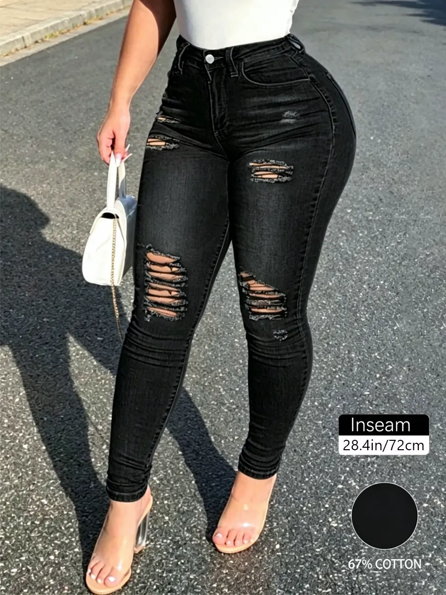 Women's High-Waisted Ripped Long Stretchy Basic Skinny Jeans - Stretchy Denim Bottom with Destroyed Details, Slim Fit for Formal & Casual Everyday Wear, Pair with Casual Tee, Silk Top, Blazer 08276 Black Girl black jeans ripped jeans jeans with design