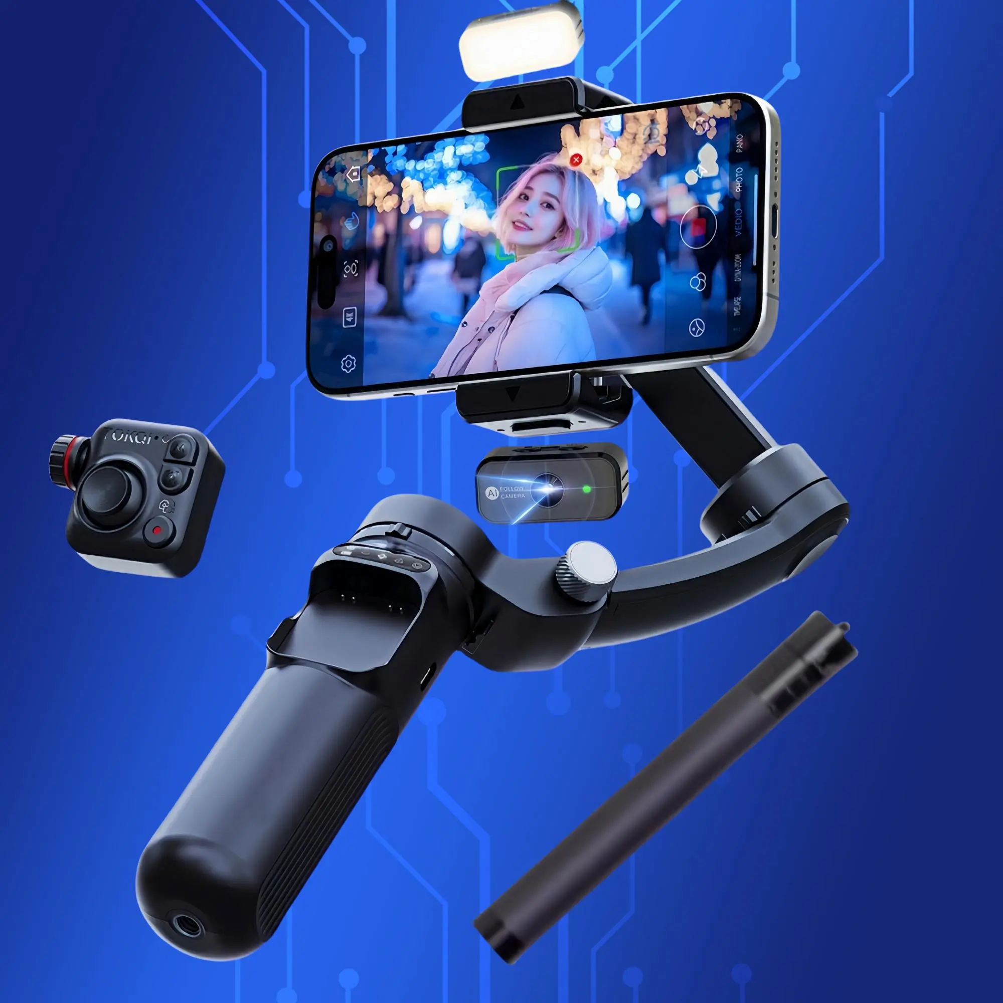 Handheld 3-axis Stabilizer, Rechargeable Intelligent Anti-shake Gimbal with Remote Control & Fill Light, Selfie Accessories for Video Editing