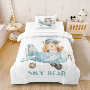 Sky Bear Pilot Watercolor Printed Quilt Bedding, No Pillowcase, Soft Microfiber Quilt for Bedroom Decoration, Cute Animal Bed Set for Children and Adults, Comfortable Twin/Full/Queen Bed