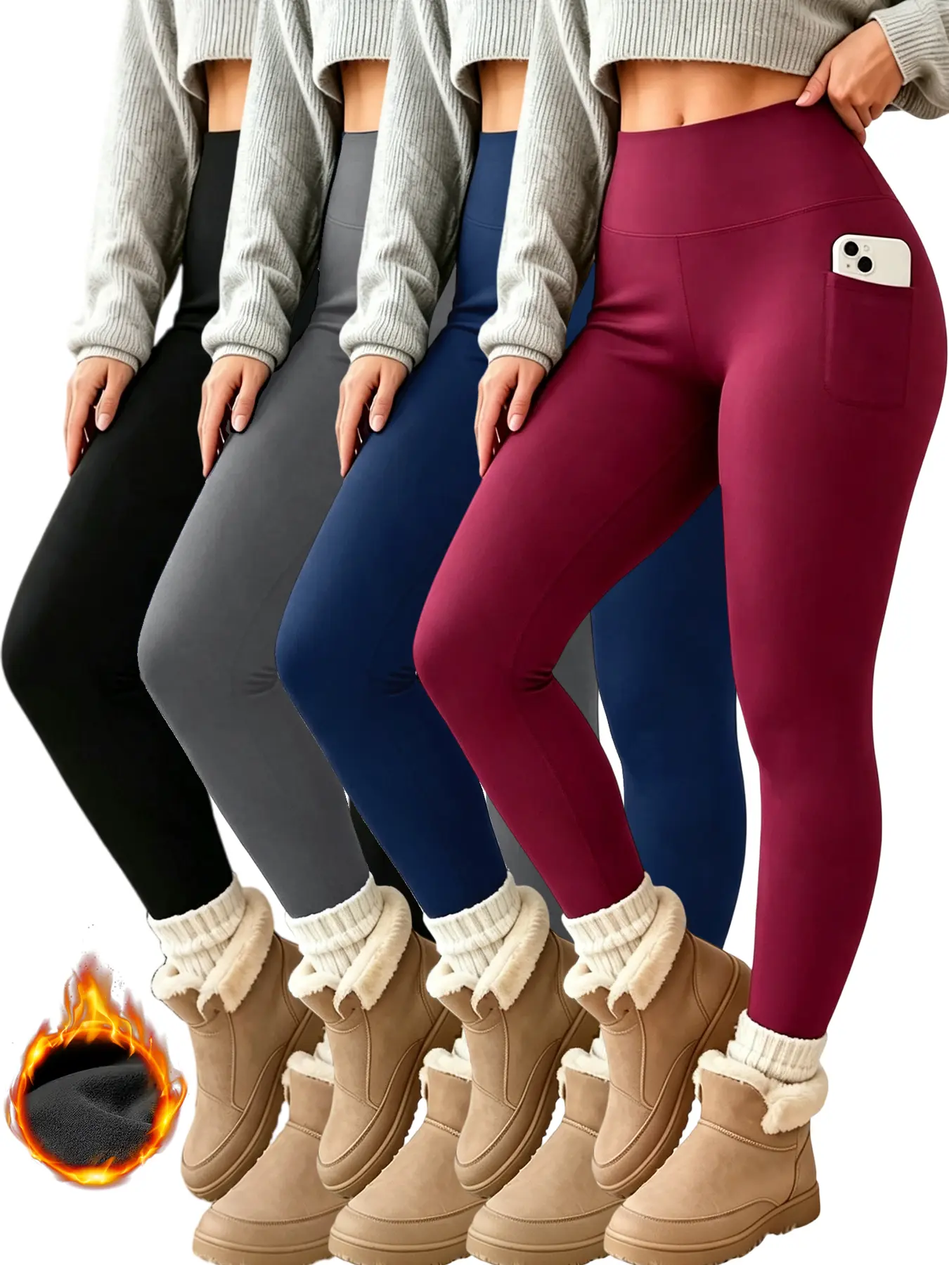 4 Pack Fleece Lined High Waist Leggings for Women Tummy Control Butt Lift Warm Winter Thermal Pants with Side Pockets Black, Grey, Red, Blue