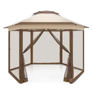 6-Sided Pop Up Gazebo w/Mosquito Netting, 13x13 Double-Tier Hexagonal Outdoor Canopy Tent