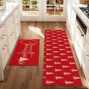 2Pcs Christmas And New Year Printed Kitchen Floor Mat Set With Red Background Christmas Tree Simple Drawing Farmhouse Kitchen Carpet Restaurant Floor Laundry Room Decoration Carpet Mat Home Decorative Rug