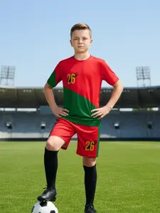 Kids 2-Piece Soccer Uniform Set - Red & Green Sportswear Suit, Youth Football Jersey & Shorts for 2026 Soccer Season