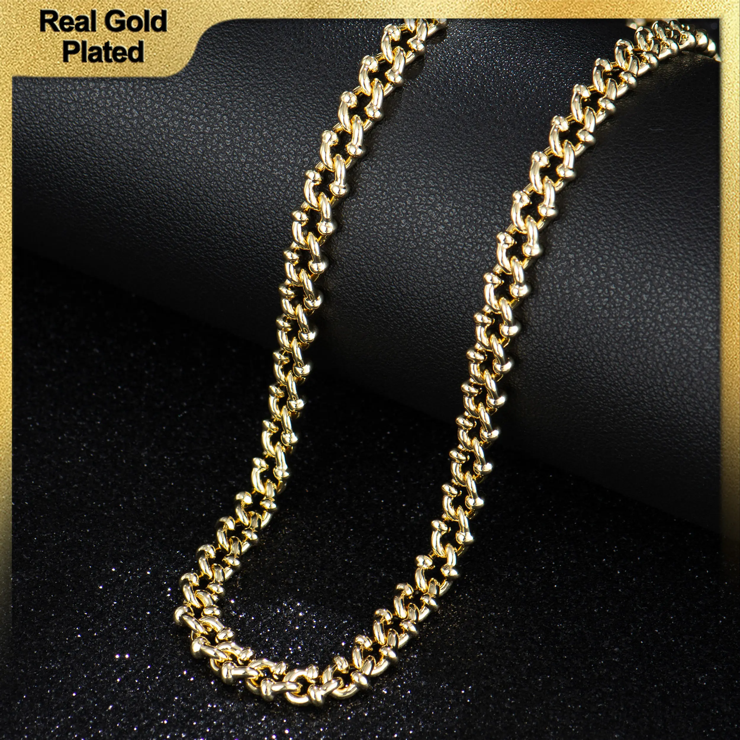 Holylegend 14K Real Gold-Plated Diamond Cut Side Cut Pearl Link Chain Necklace Upgraded Craft, Faceted Cut,Tarnish-Free with Nanotechnology Coating, 24", 7mm FashionPendants, Fashion Necklace,Father's Day Gift