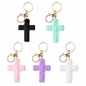 Handmade Macrame Cross Keychain Boho Bag Charm And Car Accessories Woven Cotton Lanyard In Pastel Colors Christian Religious Gift For Baptism Church Friends And Family