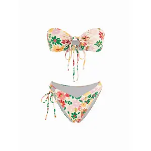 Cider Floral Cut Out Ruched Tie Side Strapless Bracelet Bikini Set SwimWeek