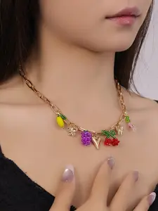 Chic Cherry Grape Lemon Pendant Necklace for Women, Unique High-End Style, Perfect for Vacation Wear, Trendy Neck Chain Accessory