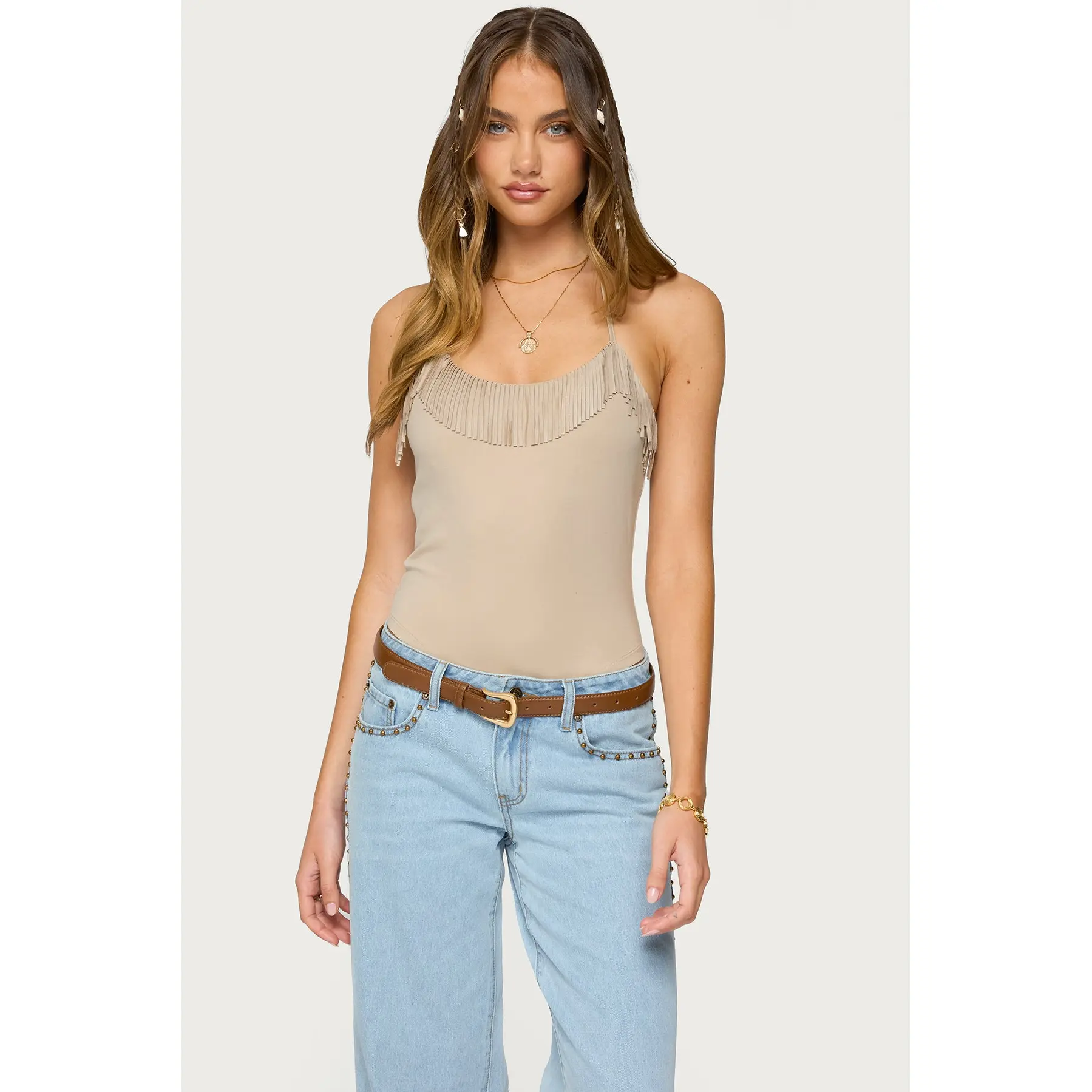 Colbie Faux Suede Fringe Trim Bodysuit