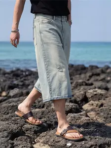 Men's Summer Washed Distressed Denim Shorts, Loose Fit Straight Leg Street Style Seven-Inch Pants, Mid Waist Drawstring Waist