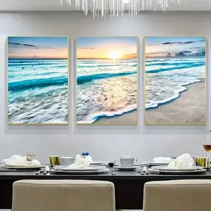 3 Pieces Modern Ocean Waves Beach Sunset Art, Natural Seascape Wall Mural, Serene Marine Home Art, Nautical Gallery Decor, Bright Tone Painting, Wall Decor for Living Room and Bedroom, Framed or Unframed.