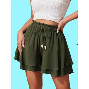 Women's Bohemian Double-Layer Ruffled Hem Skirt Pants - Elastic, Adjustable Drawstring Waist, Fitted, Universal Design for Running, Tennis