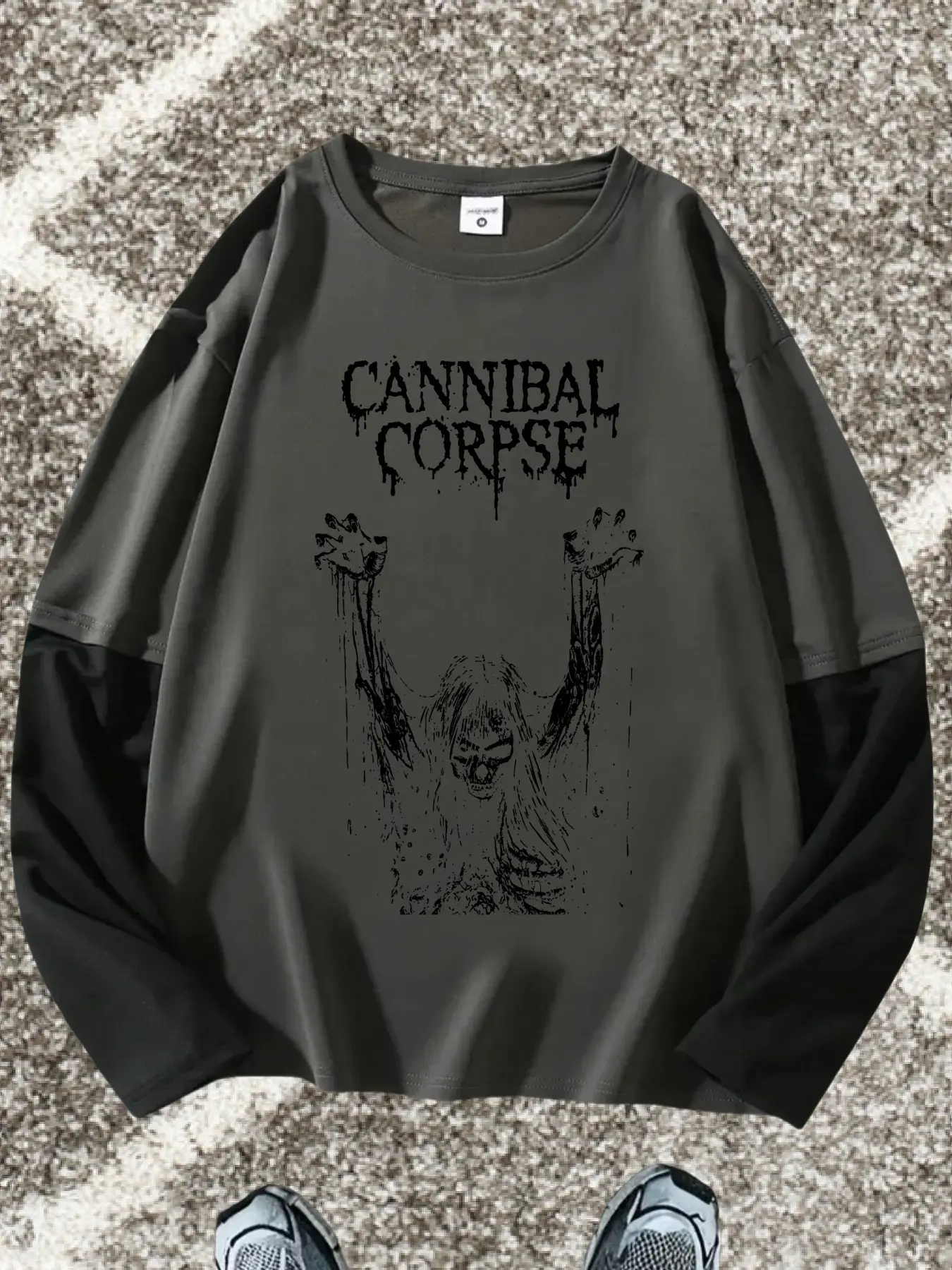 Gothic Cannibal Pattern Loose Long Sleeve Round Neck T-Shirt, Fashion Street Casual Style, Comfortable Trendy Top Gift