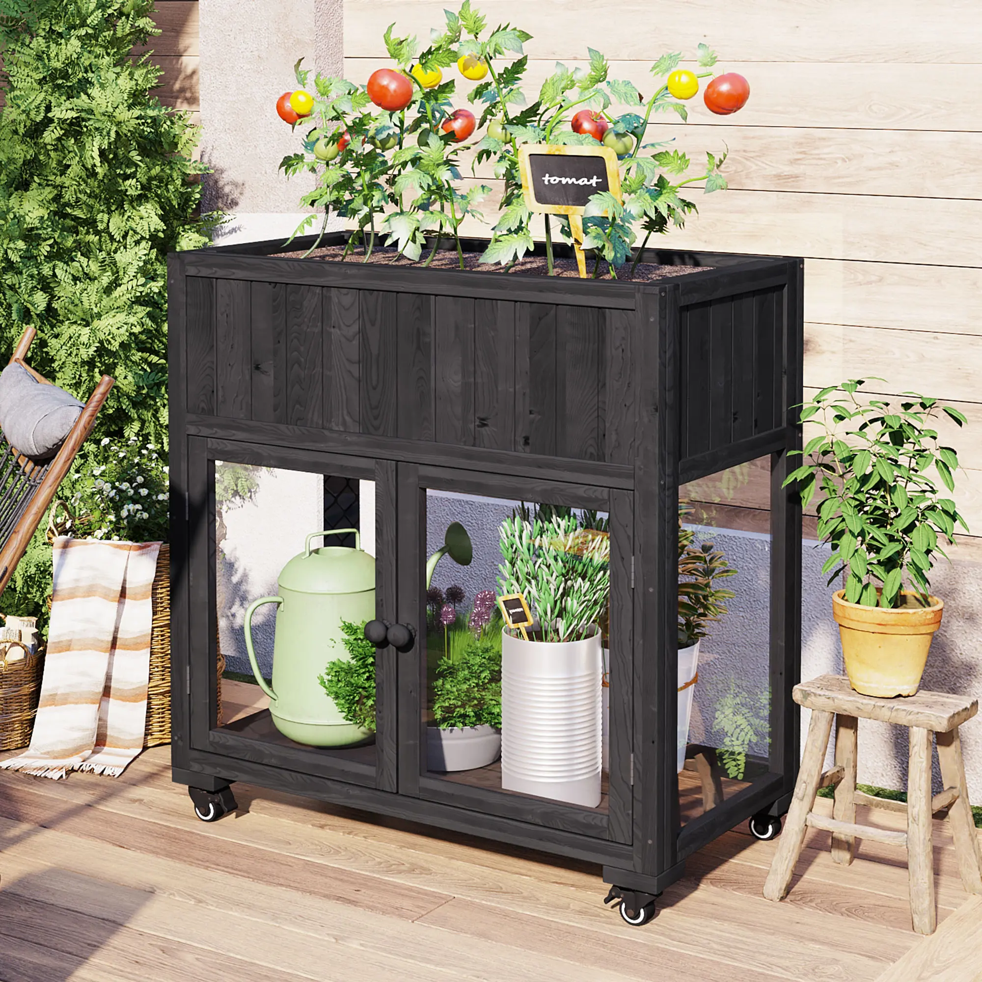 YYDS Mall TOPMAX Fir Wood Mini Cold Frame Greenhouse, 35.4x17.7x37.4in, Heat Retention, 2-Door Compact Structure, Wheels, Raised Bed Liner, 36.02lbs, Assembly Required, 2 Colors, Balcony-Patio Indoor-Outdoor Home Improvement Use, Black