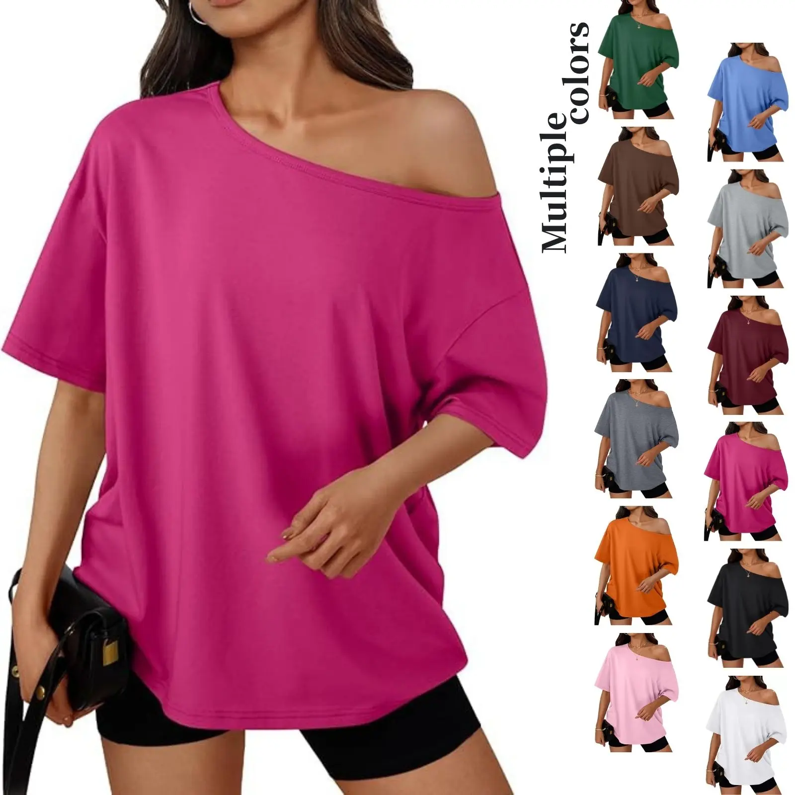 Women's solid-color short-sleeved T-shirt with one-shoulder design, loose drop-shoulder fit, laid-back style, off-the-shoulder casual pullover top