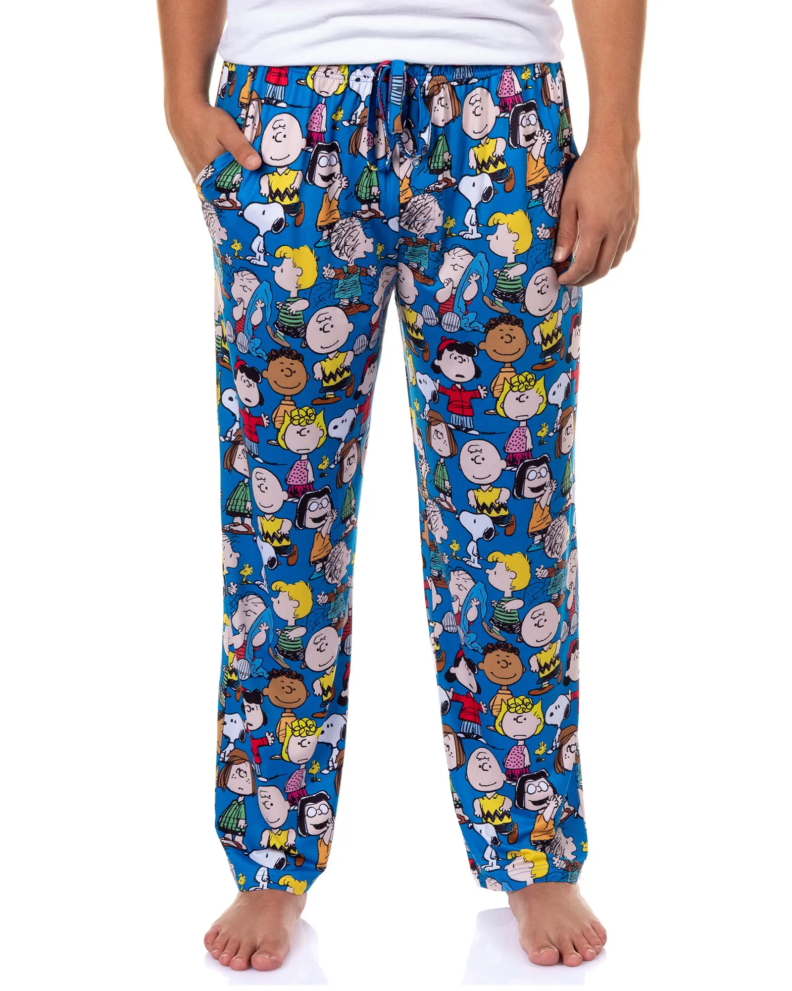 PEANUTS Men's Spandex Fabric Print Pajama Pants - Charlie Brown, Snoopy, Woodstock Adult Pocket Nightwear Sleep Bottoms