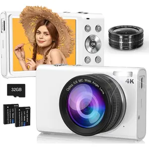 Digital Camera, 4K Digital Camera with Wide Angle Lens, 64MP Autofocus 16X Digital Zoom YouTube Compact Point Shoot Vlogging Camera for Teens/Beginners, 32GB Card, 2 (White)