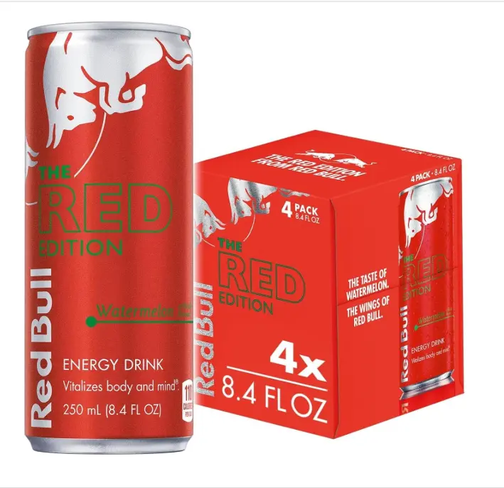 Red Bull Red Edition Energy Drink, Watermelon, with 80mg Caffeine plus Taurine & B Vitamins, 8.4 Fl Oz, Pack of 4 Cans