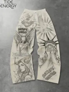 Men's Oversize Saint Tears Angel Devil Statue Graphic Print Unique Prints Wide Leg Pants, Chicano Tattoo Style Streetwear, Perfect for Urban Fashion Menswear