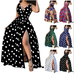 Summer Dress Printed Waist-Controlled Mid Waist Temperament Long Dress Sexy Slit Large Swing Dress with Belt Casual Fit