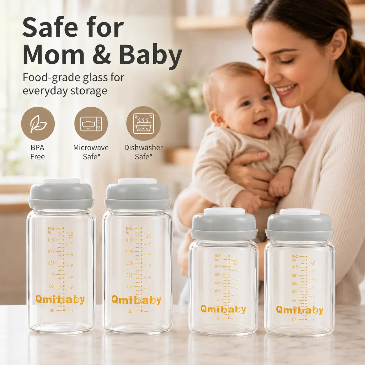 Leak-Proof Breastmilk Storage Bottles 8oz 240ml, BPA-Free Wide Neck Reusable Milk Containers with Sealing Discs & Screw Rings, Pumping Essentials for Breastfeeding Moms, Fridge Milk Storage, Collection and Daily Organization, Grey & Pink/