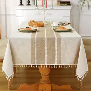 Rustic Tablecloth Cotton Linen Waterproof Farmhouse Tablecloth Burlap Table Cloths for Kitchen Dining Cloth Table Cloth for Rectangle Tables Coffee Lines
