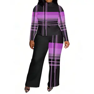 Women’s Plus Size Striped Two Piece Outfit Casual Matching Set Long Sleeve Round Neck Top and Wide Leg Pants Soft Breathable Fabric Relaxed Comfortable Fit Perfect for Travel Vacation Daily Wear Lounge and Summer Fashion