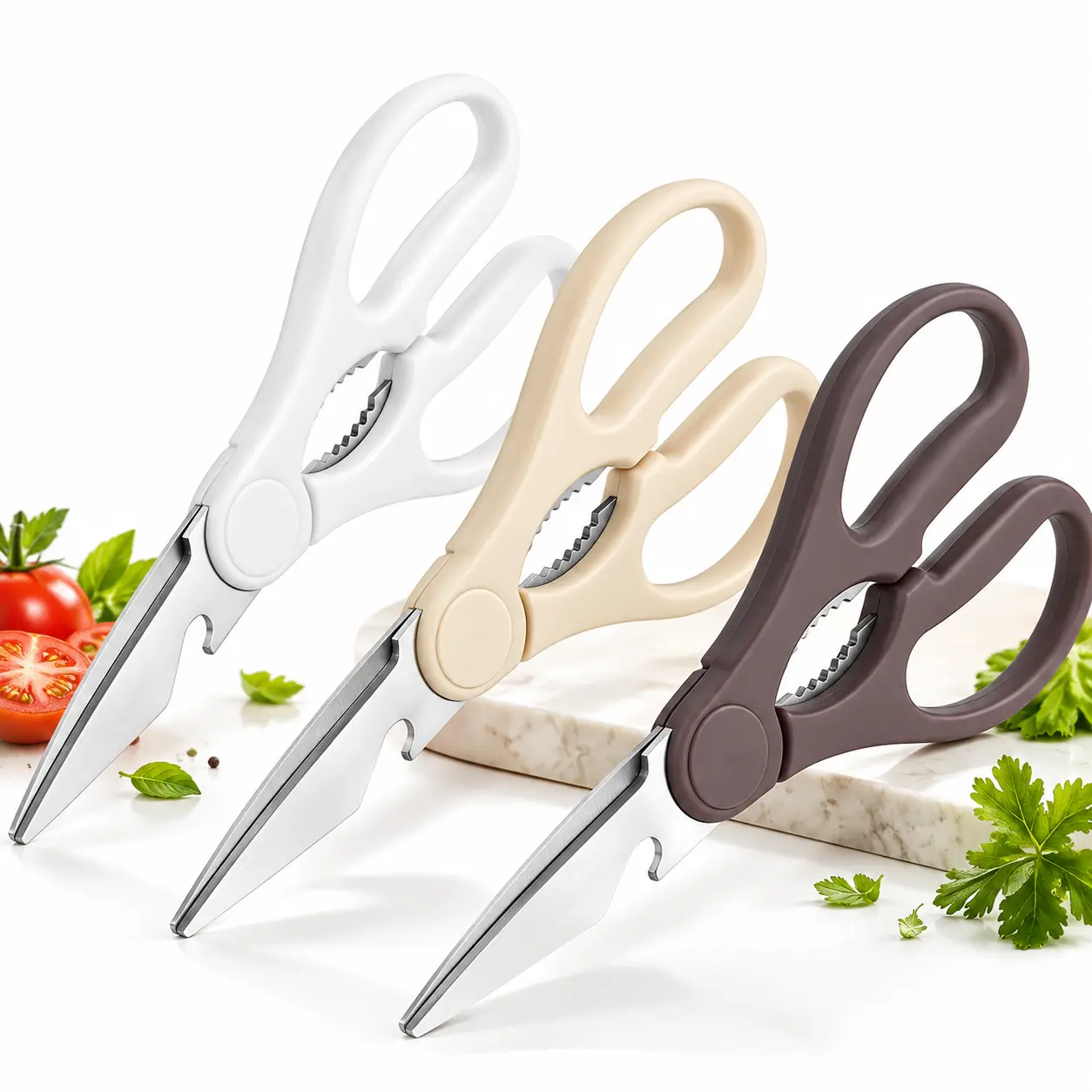 ELITEQUO 3 Pack Neutral Kitchen Shears Set, White Cream Mocha Multi Purpose Kitchen Scissors with Nut Cracker Bottle Opener and Micro Serrated Stainless Steel Blades