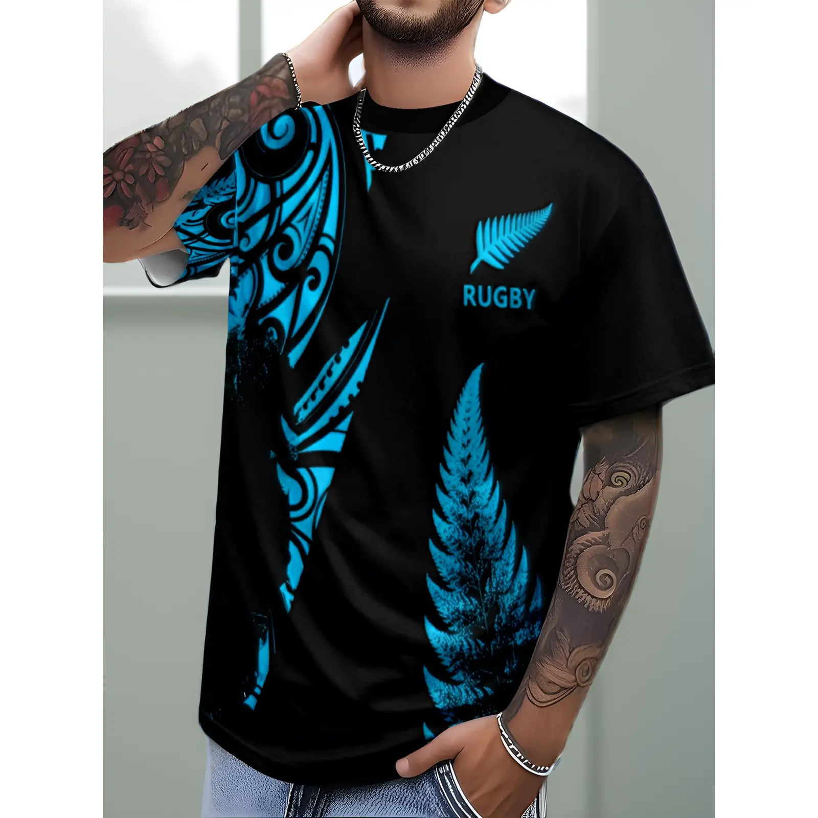 Men's New Zealand All Blacks Rugby Polyester Round Neck Stretch T-Shirt - Loose Fit Drop Shoulder Short-Sleeve Rugby Apparel, Iconic Graphic Print, Machine Washable Fabric, Plus Size Casual Wear for Spring Fall