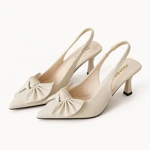 Geeyea women’s Cream Bow Slingback Heels, Pointed Toe High Heel Dress Shoes with PU Upper & PVC Sole, Elegant Office, Date Night, Party & Spring Summer Shoes
