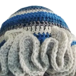 Crochet Ruffle Bucket Hat in Blue & White Stripes with Soft Fringe for Stylish Comfort