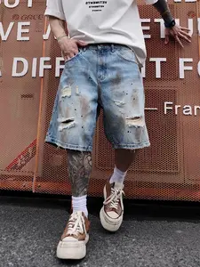Men's Baggy Retro Denim Shorts - Washed Finish, Distressed Worn Look, Aesthetic Street Style Vibe, Casual Menswear Bottoms for Streetwear Tops Pairing
