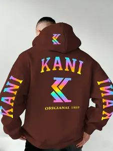Men's Gradient Kani Letter Print Hoodie, Soft Stretch Knit Fabric, Casual Fitted Style, All Seasons Wear, Fun Fashion Essential