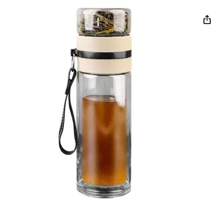Tea Infuser Bottle - Double Wall Borosilicate Glass Tea Mug with Stainless Steel Filter - Tea Tumbler with Tea Diffuser - Portable Travel Tea Mug (Transparent)
