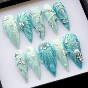 3D Floral Press On Nails: Baby Blue Stiletto, Y2K Nail Set