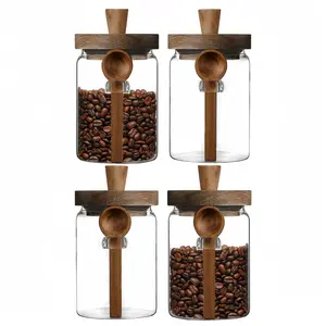 MIUVA Set of 4 Coffee Jars, Tea Canister Glass Food Storage Jar with Wood Lid and Spoon Airtight Sealed Clear Canister Kitchen Storage Jar Container for Coffee Bean Loose Tea Nuts Coffee Sets Stock Up Value Pack Valentine's Day gift Christmas Gift