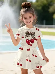 Girls' Two-Piece Set, Cherry 3D Printed Casual Short Sleeve Skirt, Summer Round Neck T-Shirt & Half-Skirt, Comfortable Fashion